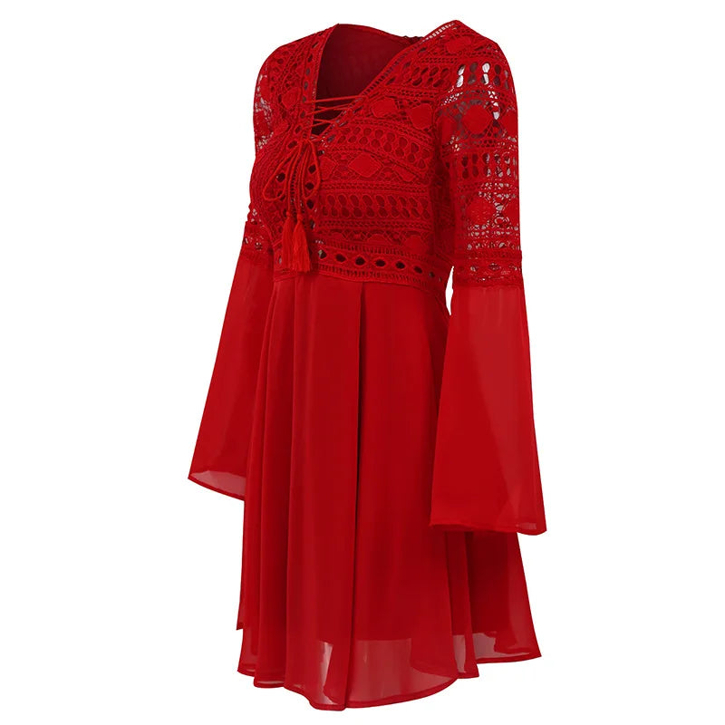MW | Women's A Line Kleid Kurzes Minikleid Langarm Rüschen V-Ausschnitt