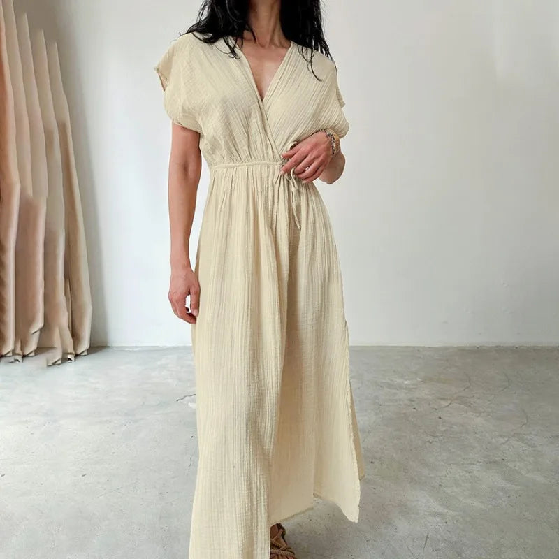 MW | Maxikleid mit V-Ausschnitt und kurzen Ärmeln