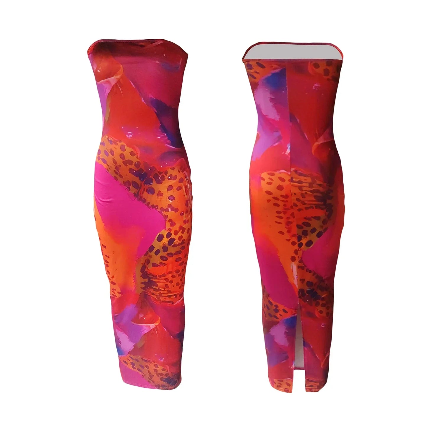 MW | Trägerloses Maxikleid mit buntem Leopardenprint