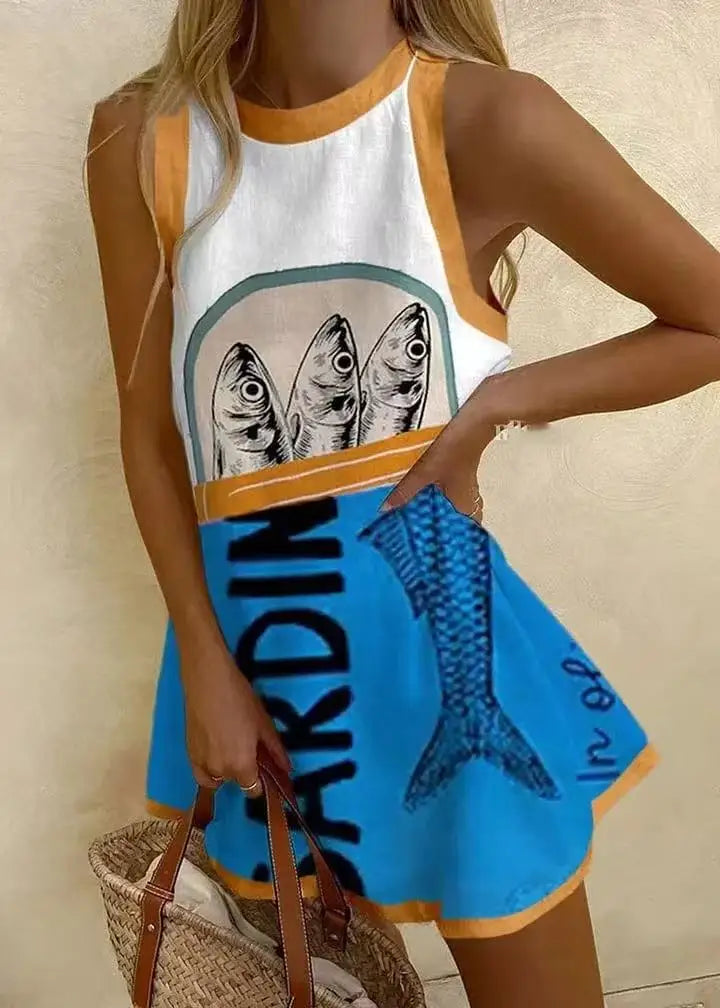 MW | Frauen Puzzle Print Sommerkleid ärmellos über dem Knie Mini Kleid Casual Tank Top Strandkleid für Frauen