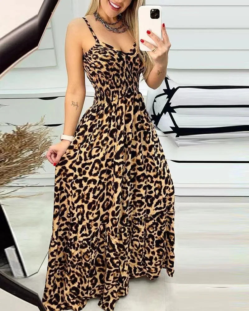 MW | Maxikleid mit Leopardenmuster und Spaghetti-Trägern