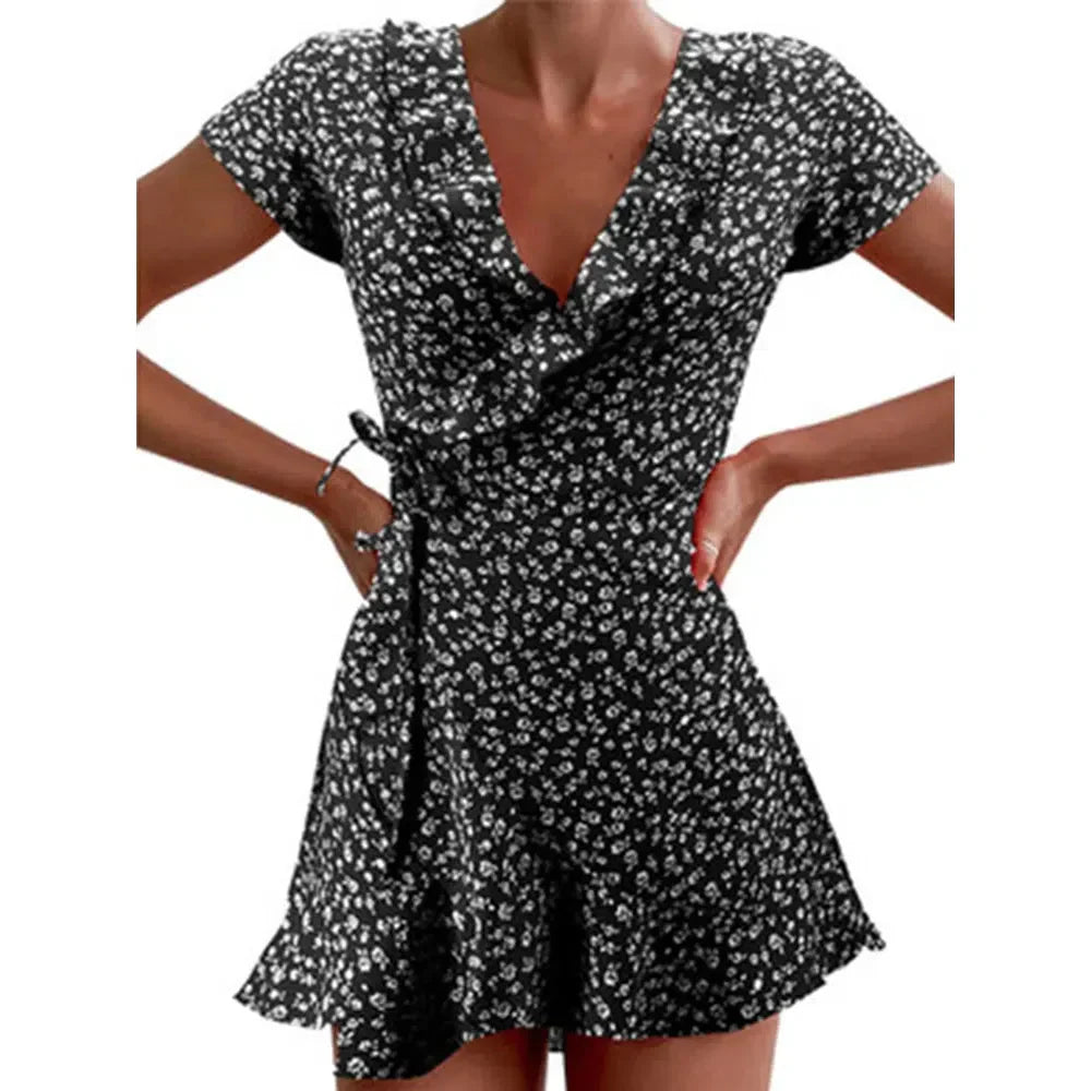 MW | Sommer Damen Floral A-Linie Kleid Elegant Rüschen V-Ausschnitt Minikleid