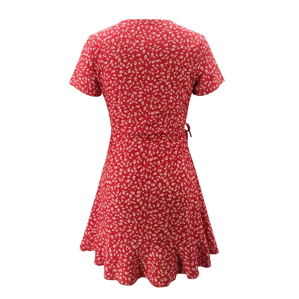 MW | Sommer Damen Floral A-Linie Kleid Elegant Rüschen V-Ausschnitt Minikleid
