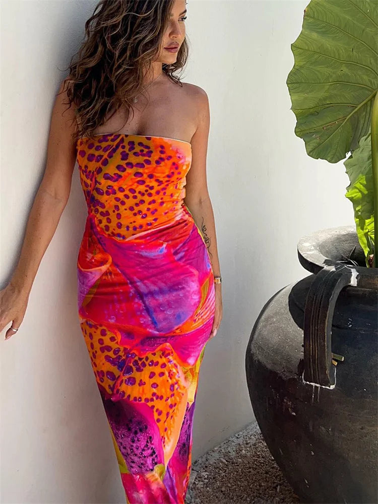MW | Trägerloses Maxikleid mit buntem Leopardenprint