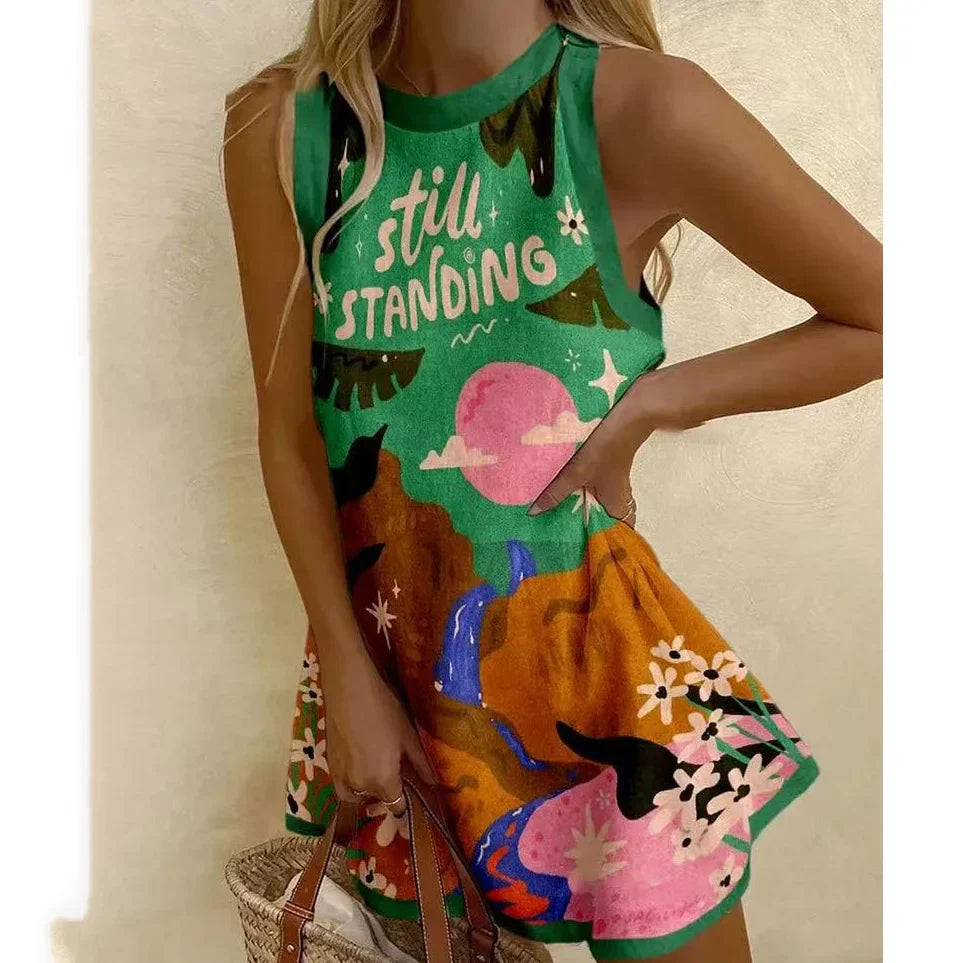 MW | Frauen Puzzle Print Sommerkleid ärmellos über dem Knie Mini Kleid Casual Tank Top Strandkleid für Frauen