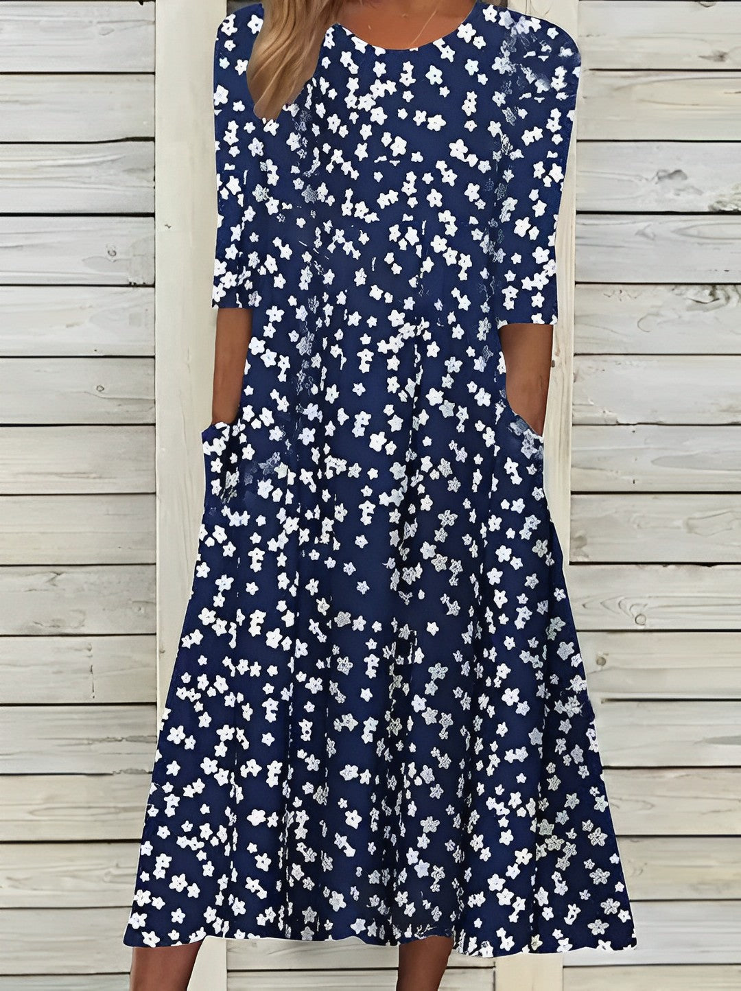 EM | Bedrucktes Midikleid mit Rundhalsausschnitt und Taschen
