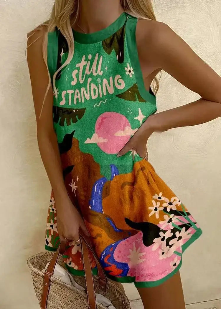 MW | Frauen Puzzle Print Sommerkleid ärmellos über dem Knie Mini Kleid Casual Tank Top Strandkleid für Frauen