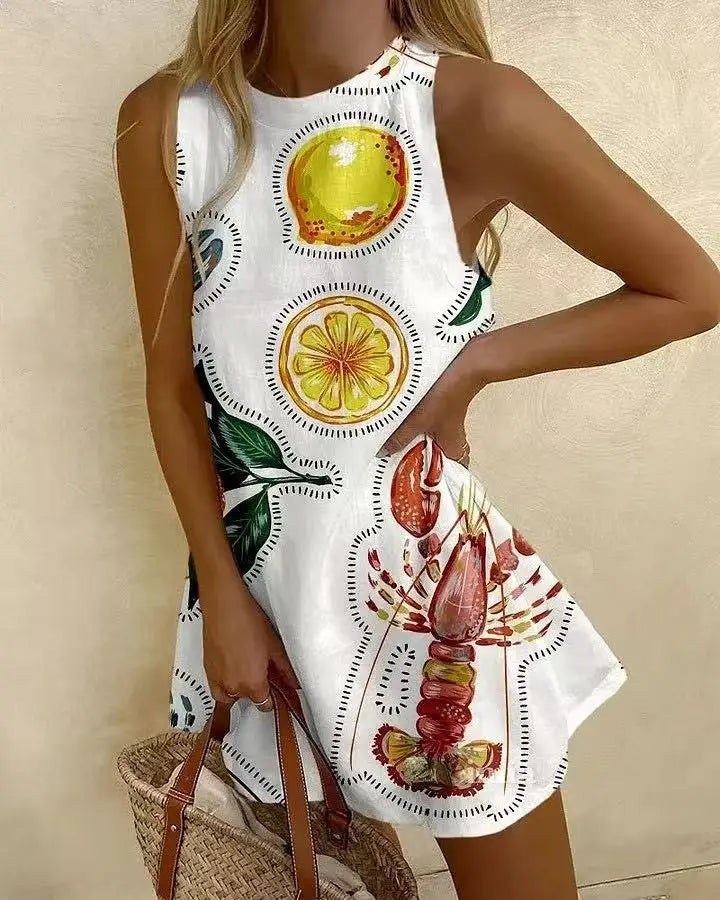 MW | Frauen Puzzle Print Sommerkleid ärmellos über dem Knie Mini Kleid Casual Tank Top Strandkleid für Frauen