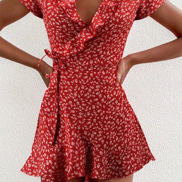 MW | Sommer Damen Floral A-Linie Kleid Elegant Rüschen V-Ausschnitt Minikleid