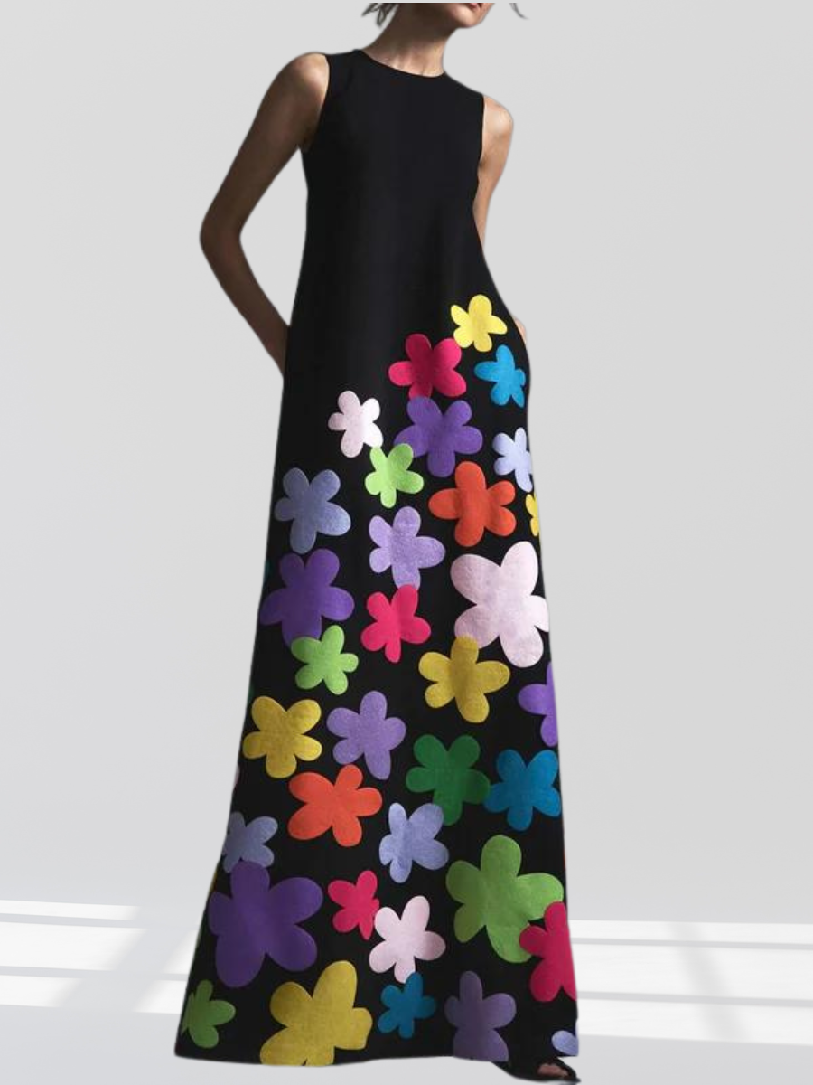 EM | Schwarzes Maxikleid mit Blumendruck und Rundhalsausschnitt