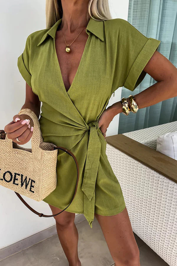 MW | Entspannende Strand Leinenmischung Solide Farbe Wrap Lose Shirt Romper