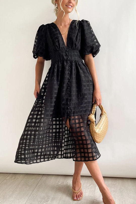 MW | Remarkable Beauty Quadratisch Gemusterter Stoff Puffärmel Party Midi Kleid