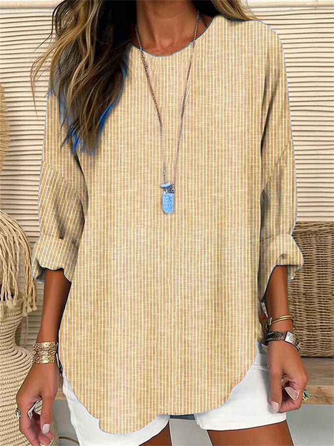 EM | Damen Retro-Gestreiftes Locker Geschnittenes Langarmshirt mit Rundhalsausschnitt