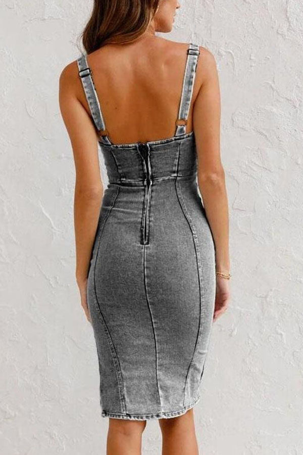 MW | Diese Jahreszeiten Grundnahrungsmittel Denim Verstellbare Riemen Zip-up Firm Stretch Midi-Kleid