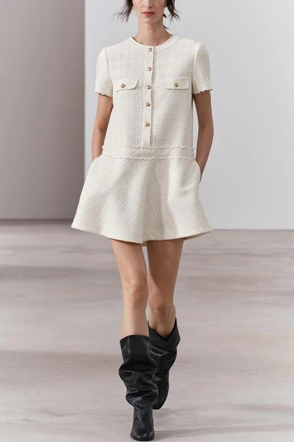 MW | 1960er Jahre London Girl Tweed texturiert Gold Knopf Kurzarm Pocketed Mini Kleid