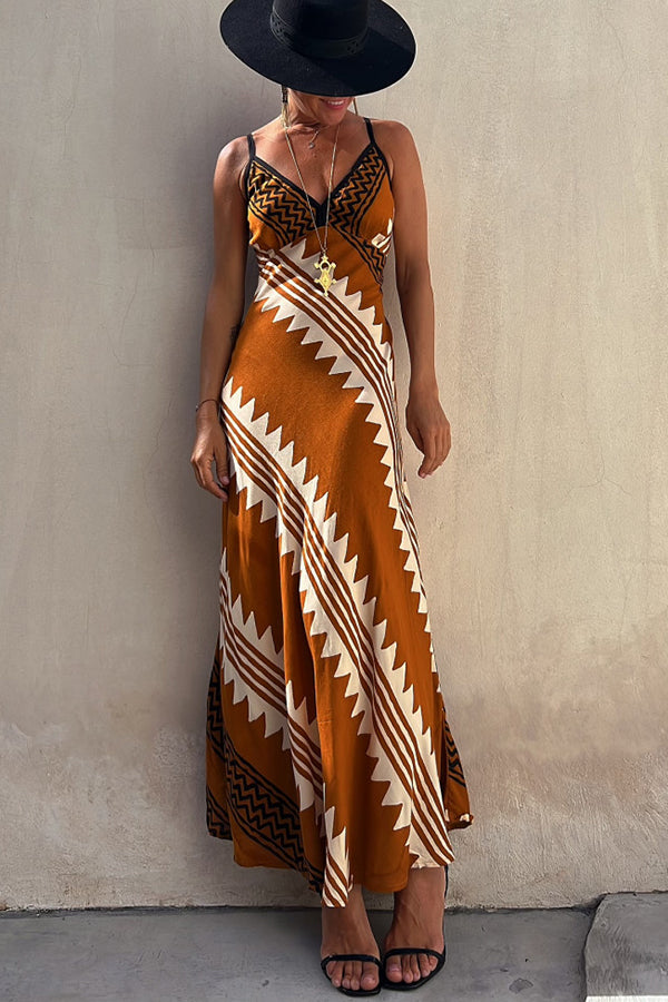 MW | Always Falling Satin Ethnic Print Smocked Back Midi Kleid