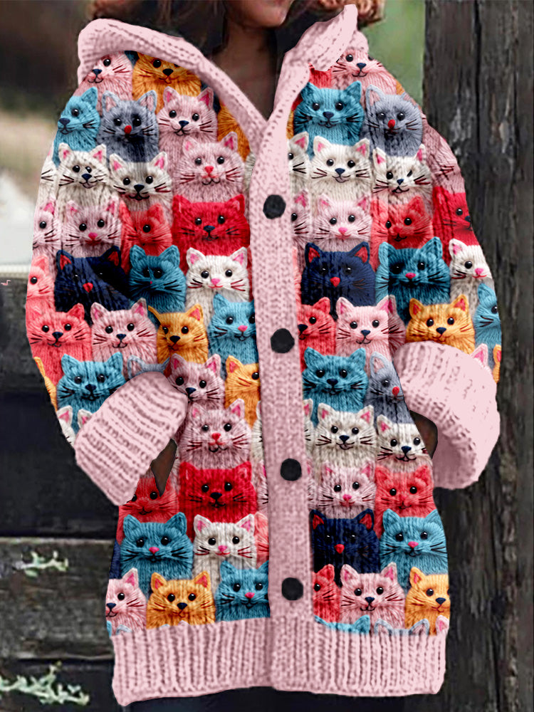 EM | Gestrickter Mantel mit Knopfleiste und verspieltem Katzenprint