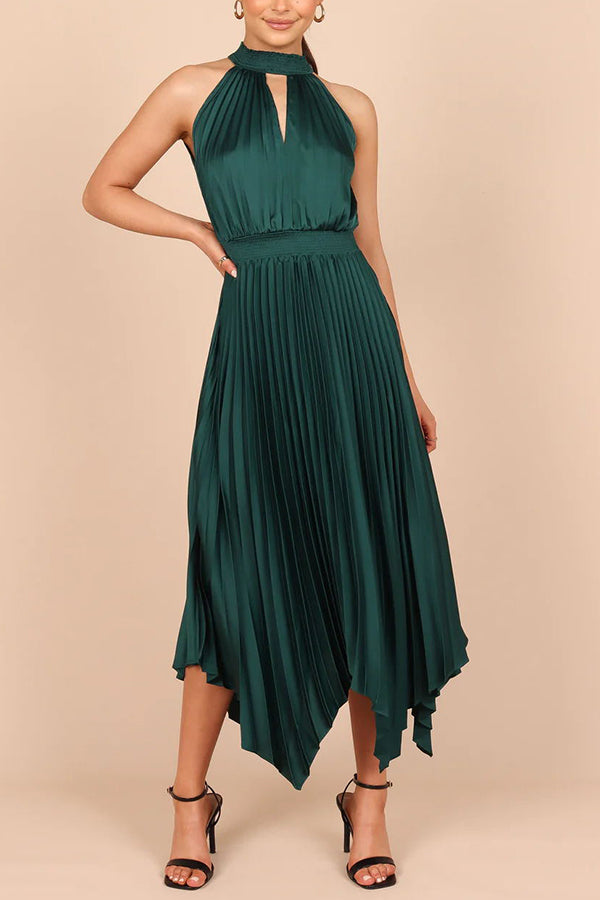 MW | Luxe Look Satin Plissee Halter Elastische Taille Midikleid