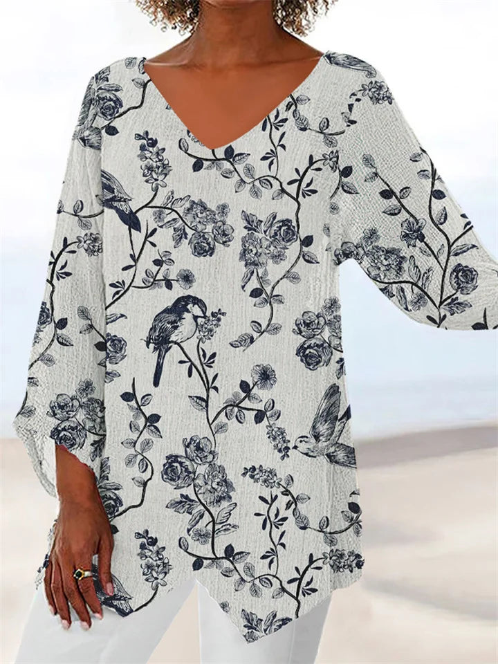 EM | Bedruckte, lockere Bluse mit V-Ausschnitt