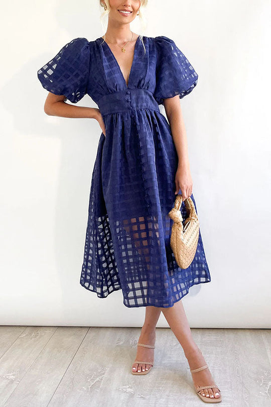 MW | Remarkable Beauty Quadratisch Gemusterter Stoff Puffärmel Party Midi Kleid