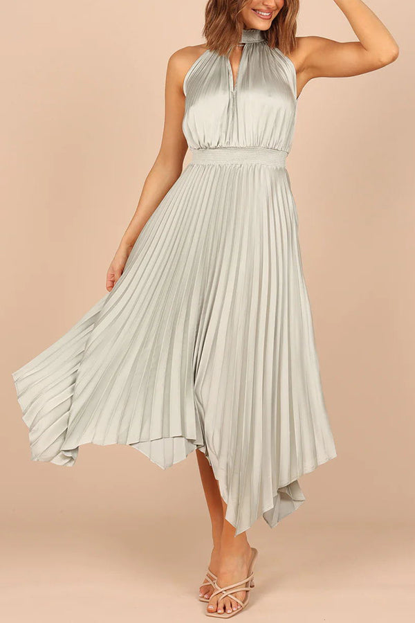 MW | Luxe Look Satin Plissee Halter Elastische Taille Midikleid