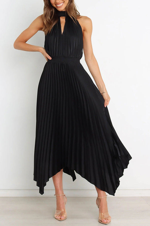 MW | Luxe Look Satin Plissee Halter Elastische Taille Midikleid