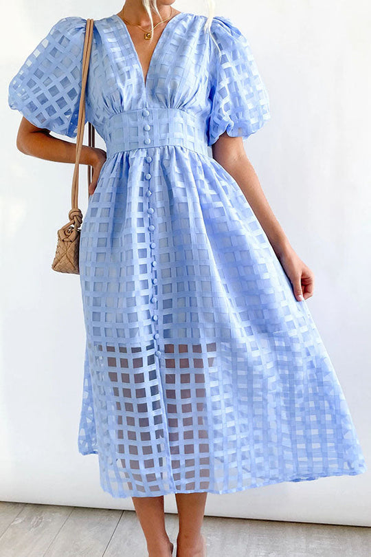 MW | Remarkable Beauty Quadratisch Gemusterter Stoff Puffärmel Party Midi Kleid
