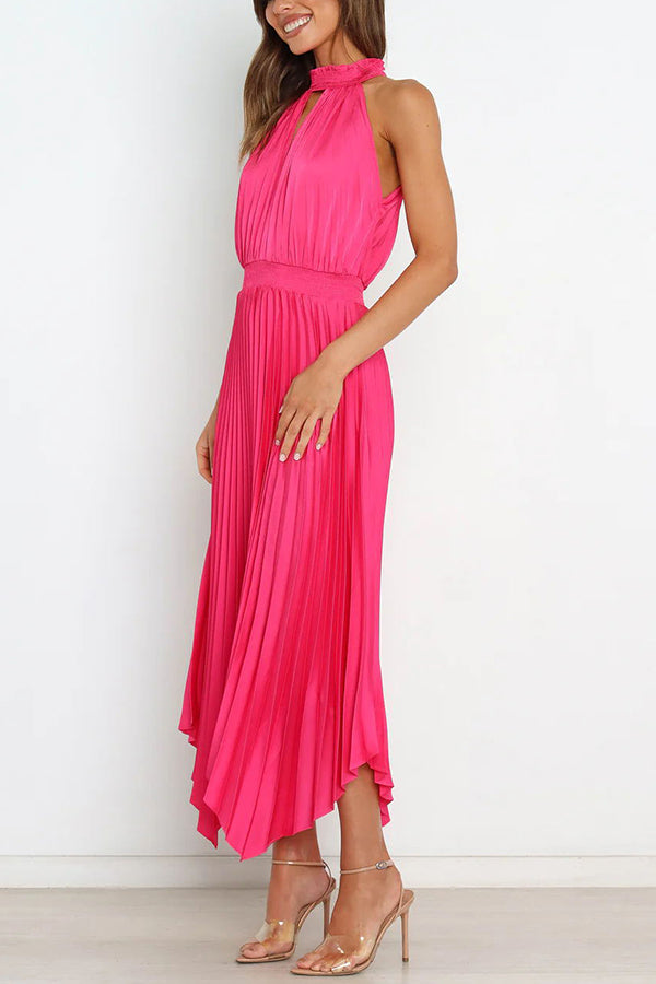 MW | Luxe Look Satin Plissee Halter Elastische Taille Midikleid