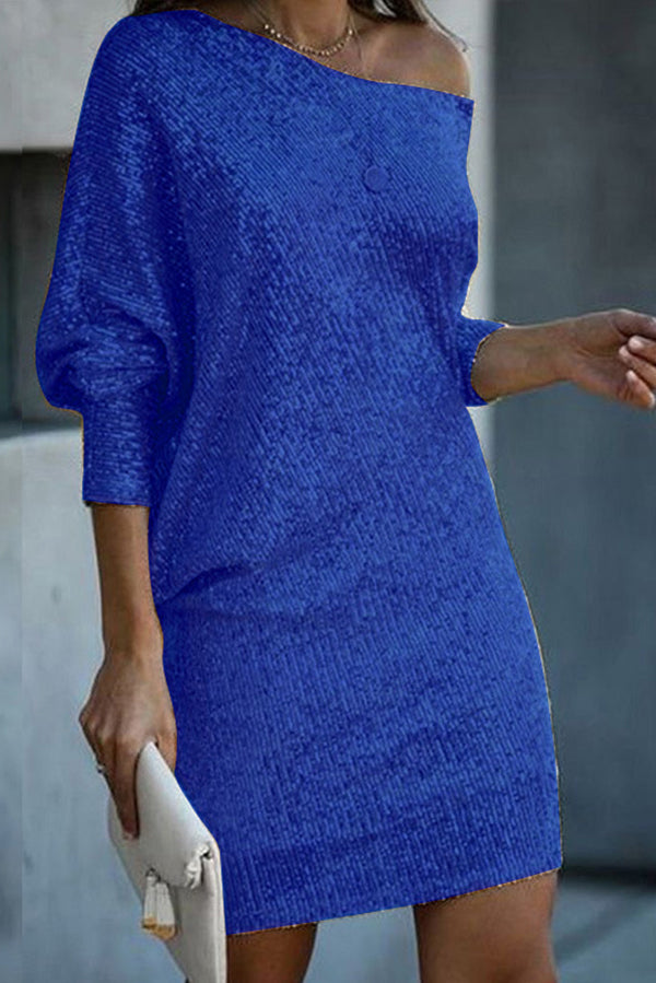 MW | Solid Pailletten Off-shoulder Lose Mini Kleid