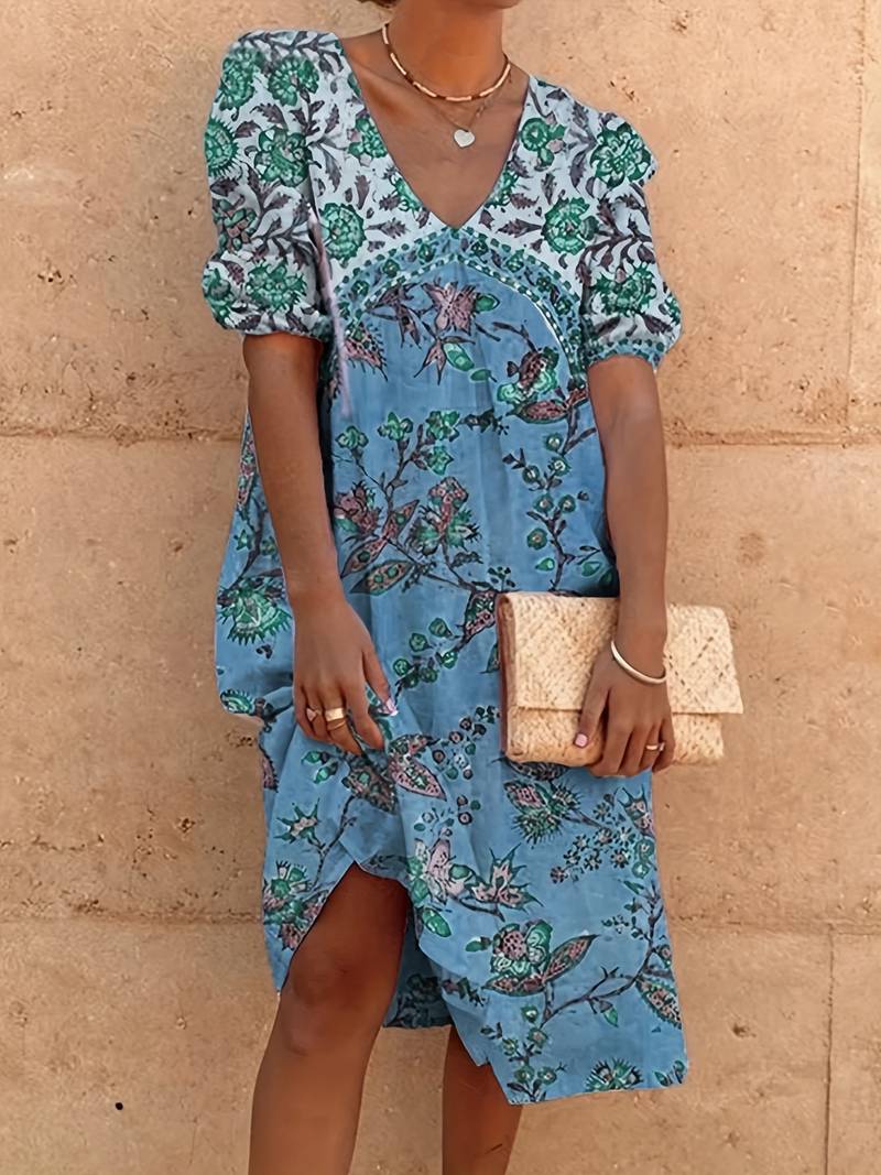 MW | Abida Mehrfarbiges Kleid mit Puffärmeln und V-Ausschnitt