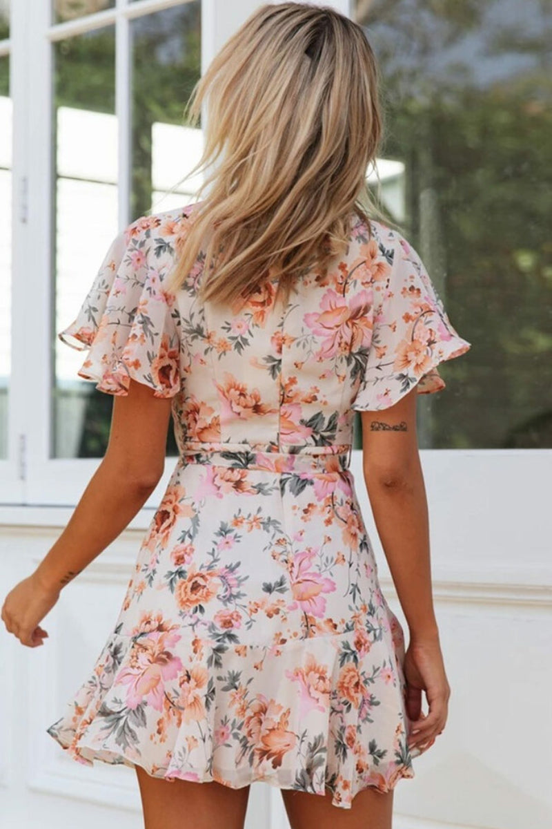 MW | Swingy Ruffle Sleeve Floral Printed Beach Mini Wrap Dress