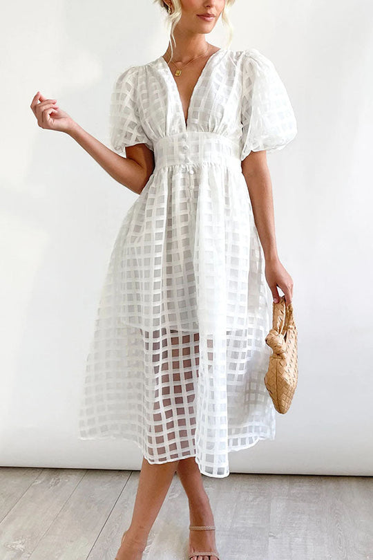 MW | Remarkable Beauty Quadratisch Gemusterter Stoff Puffärmel Party Midi Kleid