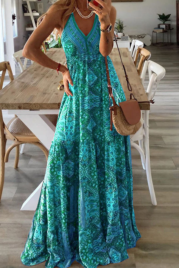 MW | Celeste Boho bedruckte Riemen Maxikleider mit elastischer Taille