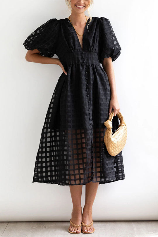 MW | Remarkable Beauty Quadratisch Gemusterter Stoff Puffärmel Party Midi Kleid