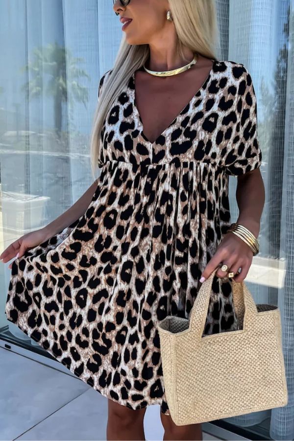 MW | Khaki Leopard Print Rückenfreies V-Neck Minikleid in lockerer Passform