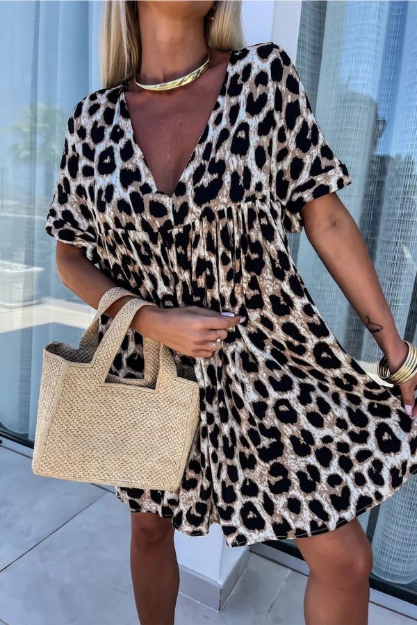 MW | Khaki Leopard Print Rückenfreies V-Neck Minikleid in lockerer Passform