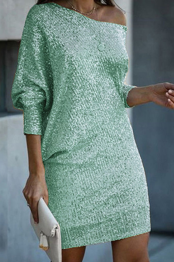 MW | Solid Pailletten Off-shoulder Lose Mini Kleid