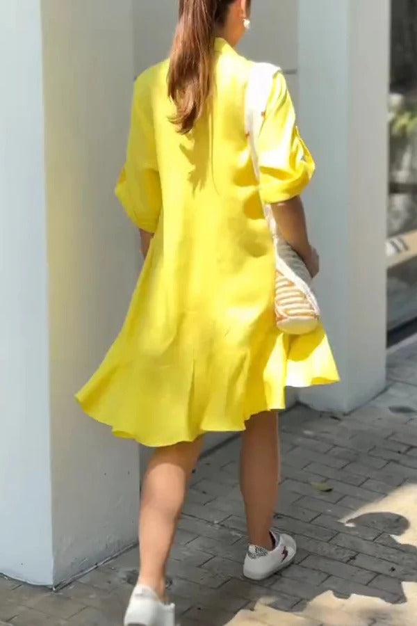 MW | Solide Farbe Lässig Revers Tasche Ruffle Lose Mini Kleid