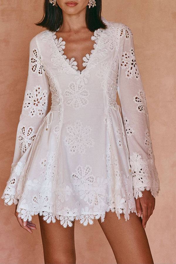 MW | Diaz Stickerei Hohle Stoff Zarte Blume Trim Lange Ärmel Seite Lace-up Mini Kleid