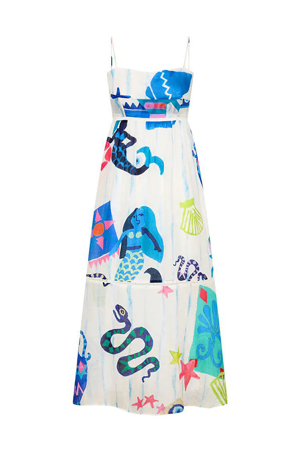 MW | She's The Fun Leinenmischung Verspielter Druck Leiter Trim Midi Kleid