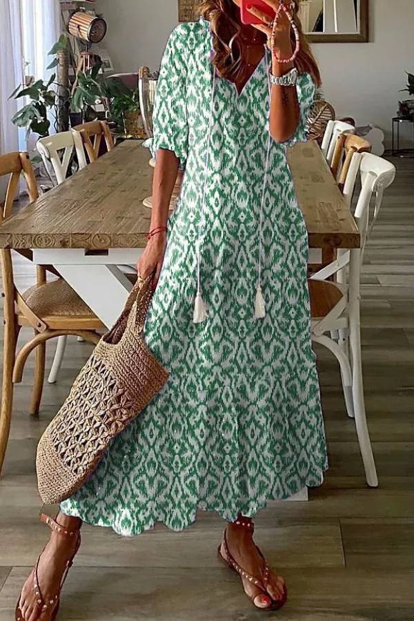 MW | Geometrischer Druck Lässiges V-Ausschnitt Maxikleid