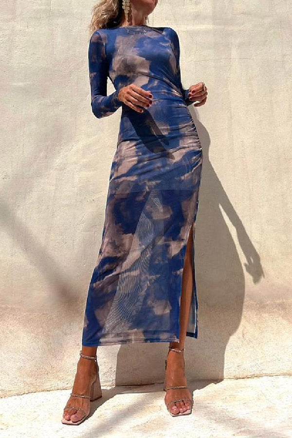 MW | Charm Lady Mesh Overlay Tie Dye Print Langarm geraffte Stretch Midi Kleid