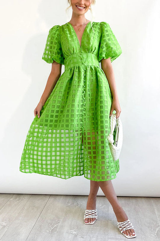MW | Remarkable Beauty Quadratisch Gemusterter Stoff Puffärmel Party Midi Kleid