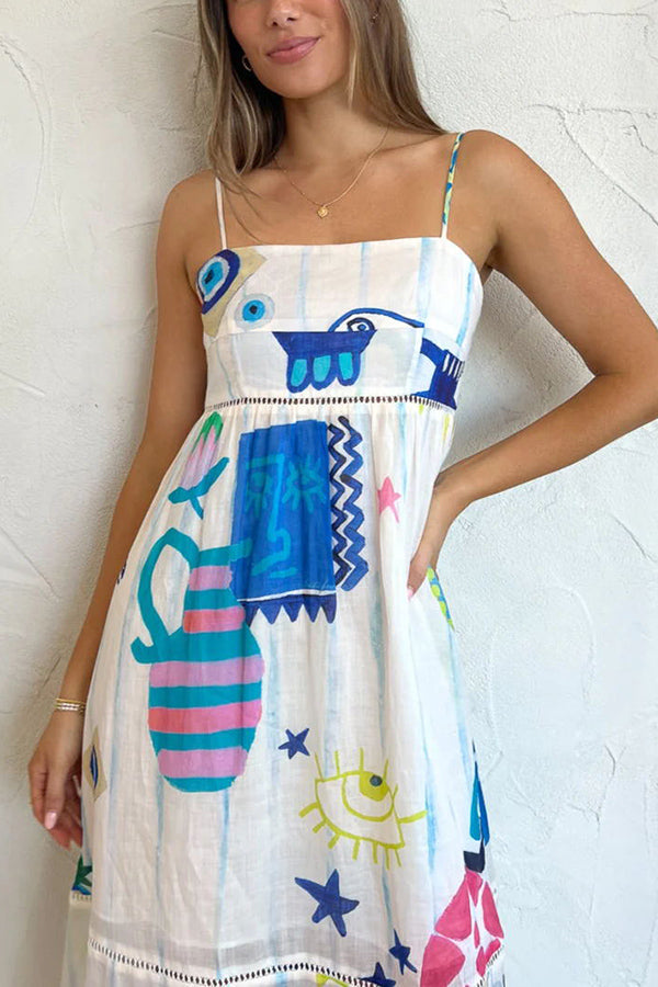 MW | She's The Fun Leinenmischung Verspielter Druck Leiter Trim Midi Kleid