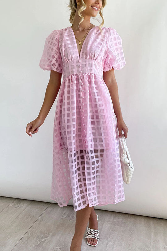 MW | Remarkable Beauty Quadratisch Gemusterter Stoff Puffärmel Party Midi Kleid