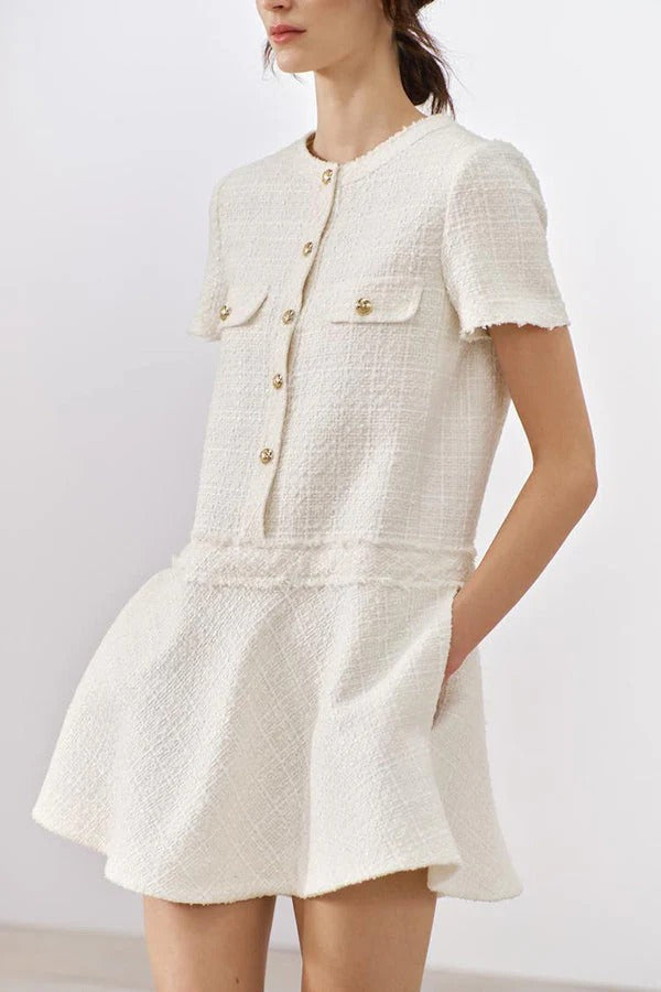 MW | 1960er Jahre London Girl Tweed texturiert Gold Knopf Kurzarm Pocketed Mini Kleid