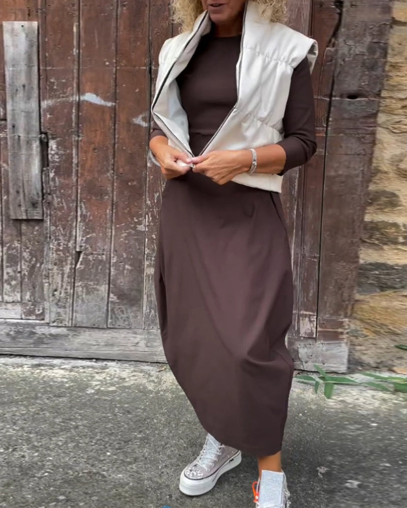MW | Einfaches einfarbiges Kleid mit langen Ärmeln und Taschen