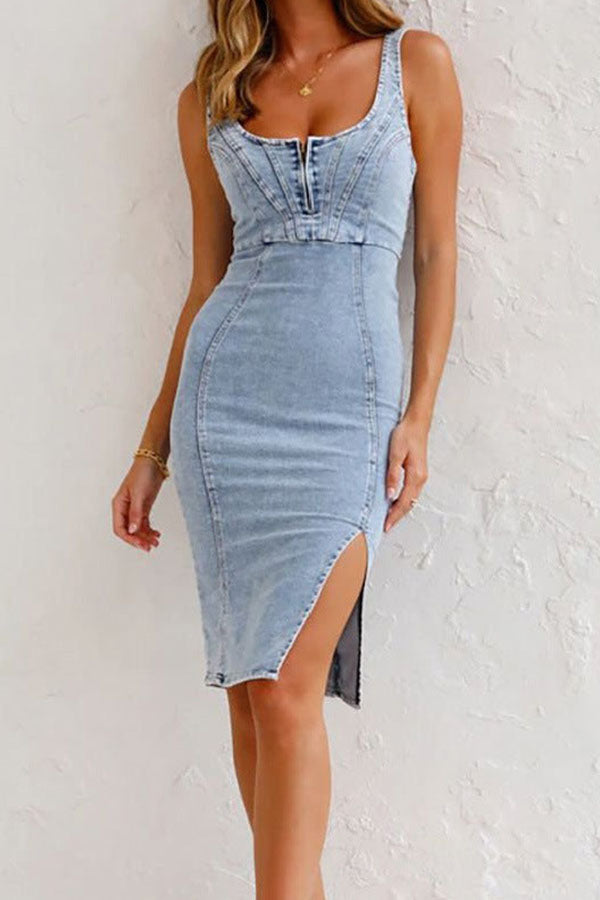 MW | Diese Jahreszeiten Grundnahrungsmittel Denim Verstellbare Riemen Zip-up Firm Stretch Midi-Kleid