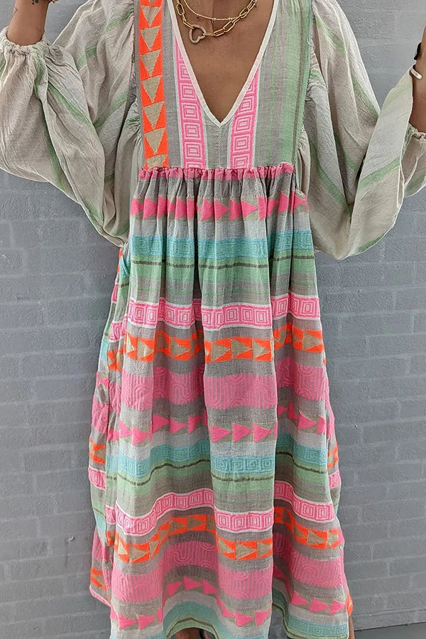 MW | Whisked Away Geometrische Farbe Block gedruckt A-Linie Midi Kleid