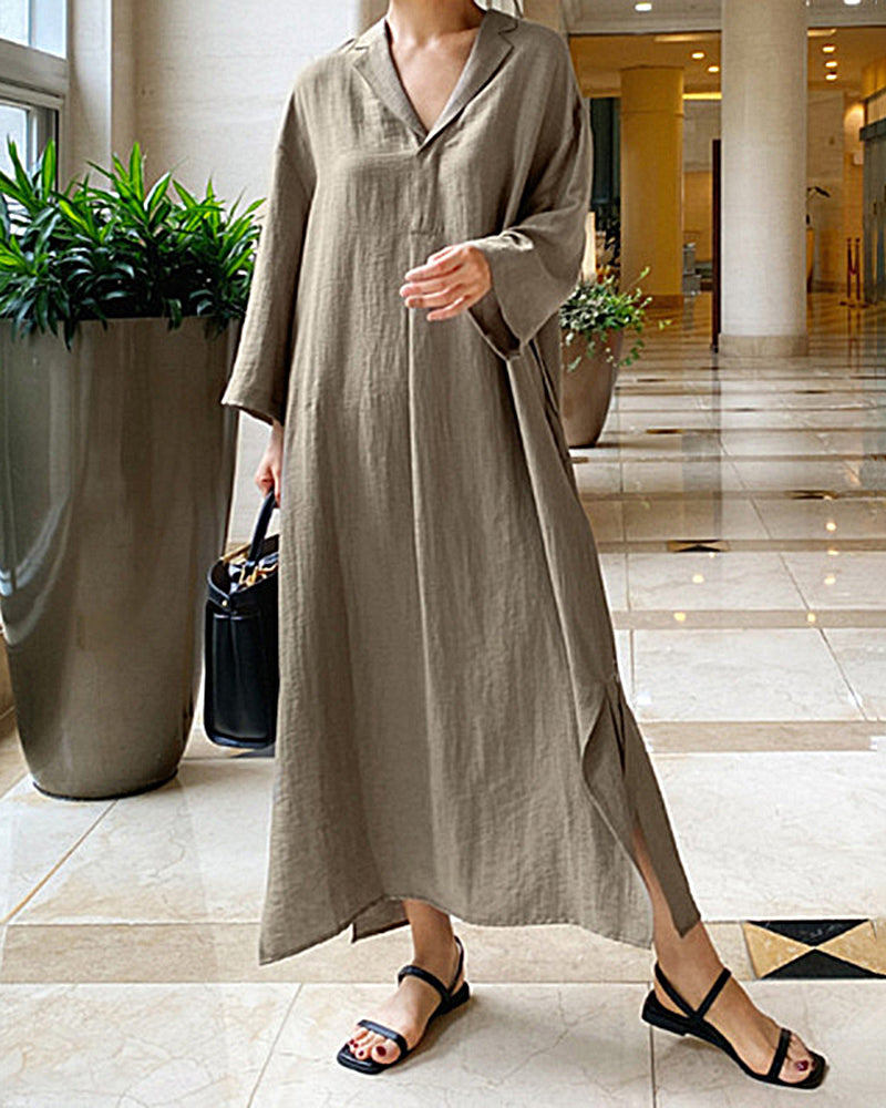 MW | Lässig Lose Langarm Solide Farbe V-Ausschnitt Sommer Maxi Shirt Kleid